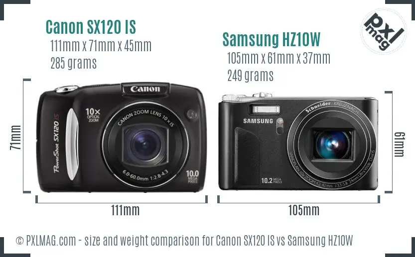 Canon SX120 IS vs Samsung HZ10W size comparison