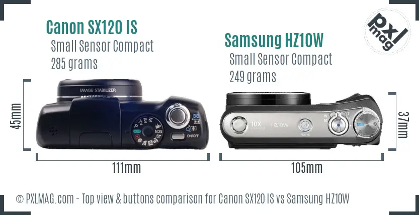 Canon SX120 IS vs Samsung HZ10W top view buttons comparison