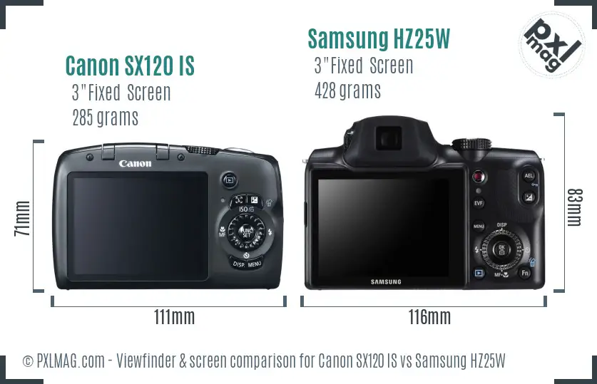 Canon SX120 IS vs Samsung HZ25W Screen and Viewfinder comparison