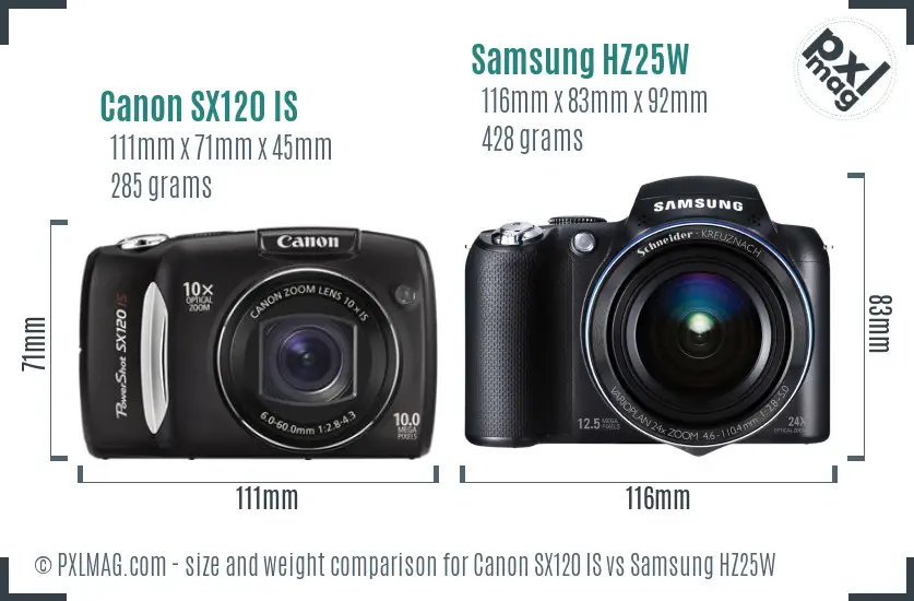 Canon SX120 IS vs Samsung HZ25W size comparison