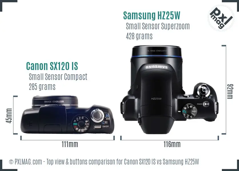 Canon SX120 IS vs Samsung HZ25W top view buttons comparison