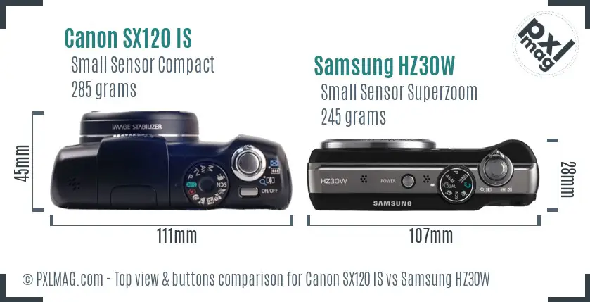 Canon SX120 IS vs Samsung HZ30W top view buttons comparison Canon SX120 IS vs Samsung HZ30W top view buttons comparison