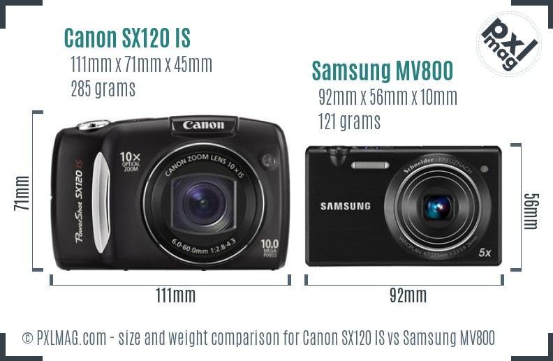 Canon SX120 IS vs Samsung MV800 size comparison