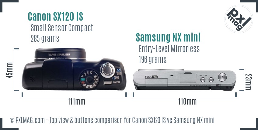 Canon SX120 IS vs Samsung NX mini top view buttons comparison