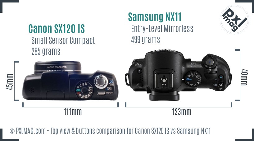 Canon SX120 IS vs Samsung NX11 top view buttons comparison