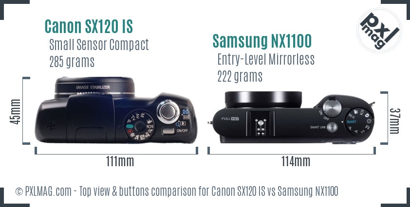 Canon SX120 IS vs Samsung NX1100 top view buttons comparison