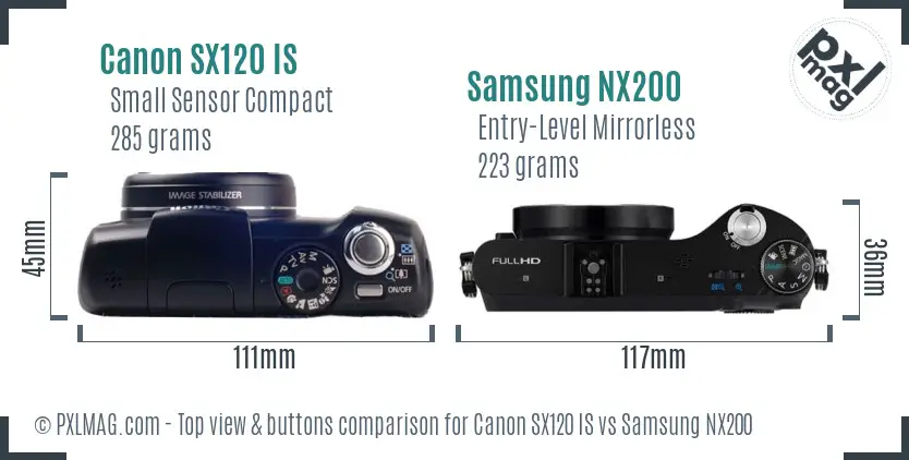 Canon SX120 IS vs Samsung NX200 top view buttons comparison Canon SX120 IS vs Samsung NX200 top view buttons comparison