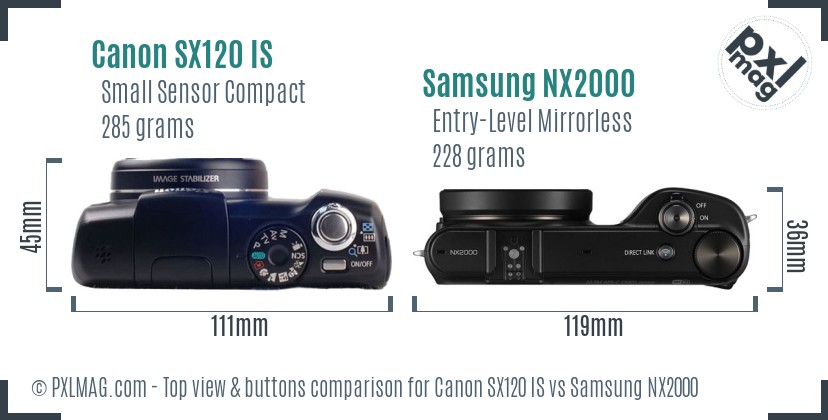 Canon SX120 IS vs Samsung NX2000 top view buttons comparison