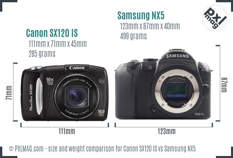 Canon SX120 IS vs Samsung NX5 size comparison