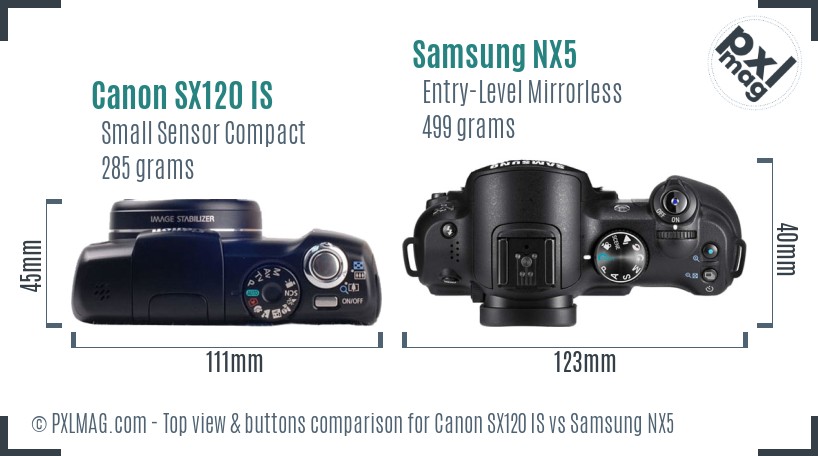 Canon SX120 IS vs Samsung NX5 top view buttons comparison