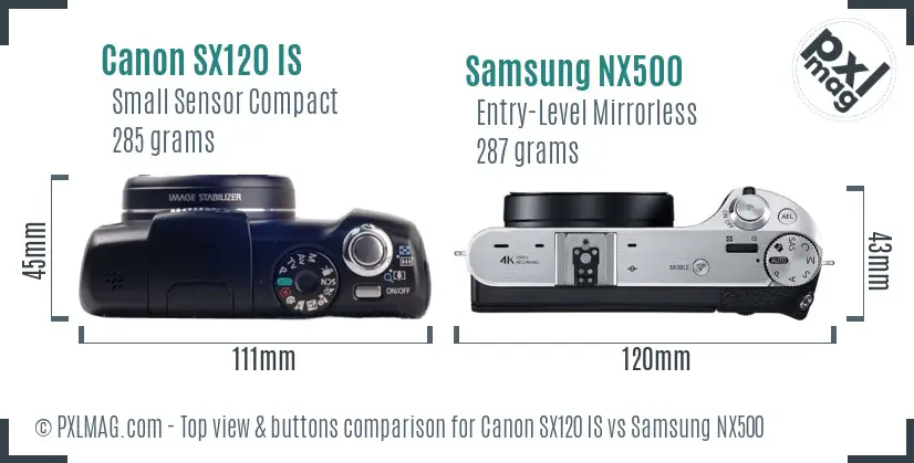 Canon SX120 IS vs Samsung NX500 top view buttons comparison