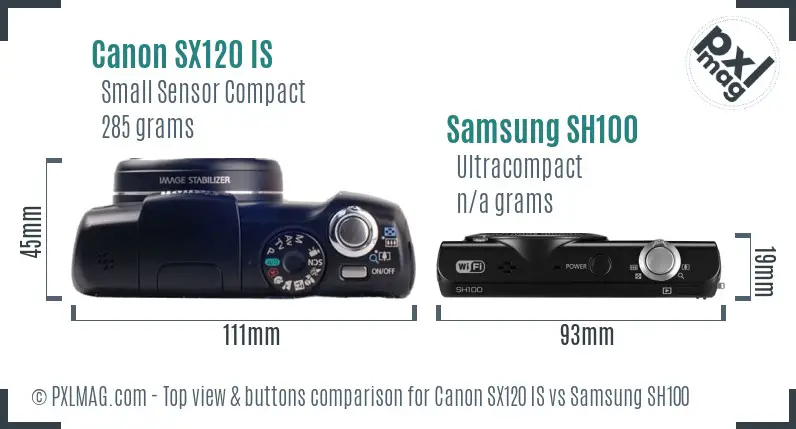 Canon SX120 IS vs Samsung SH100 top view buttons comparison