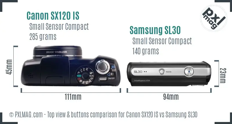 Canon SX120 IS vs Samsung SL30 top view buttons comparison