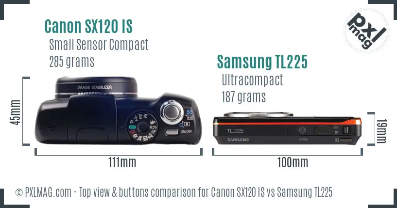 Canon SX120 IS vs Samsung TL225 top view buttons comparison Canon SX120 IS vs Samsung TL225 top view buttons comparison