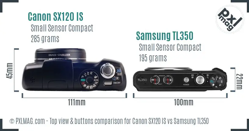 Canon SX120 IS vs Samsung TL350 top view buttons comparison Canon SX120 IS vs Samsung TL350 top view buttons comparison