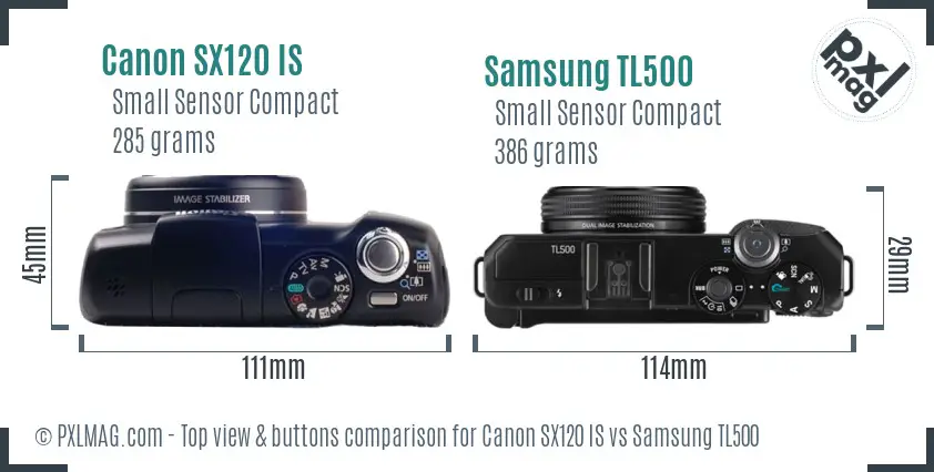 Canon SX120 IS vs Samsung TL500 top view buttons comparison Canon SX120 IS vs Samsung TL500 top view buttons comparison