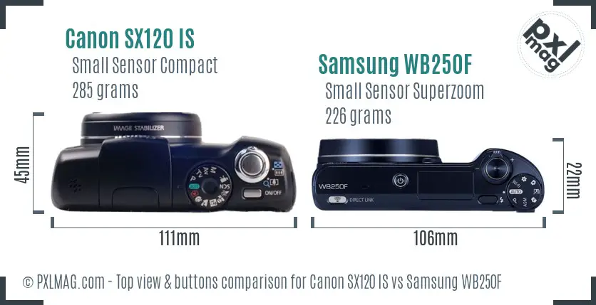 Canon SX120 IS vs Samsung WB250F top view buttons comparison