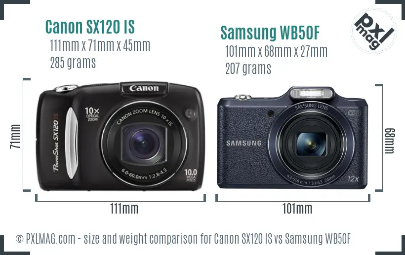 Canon SX120 IS vs Samsung WB50F size comparison