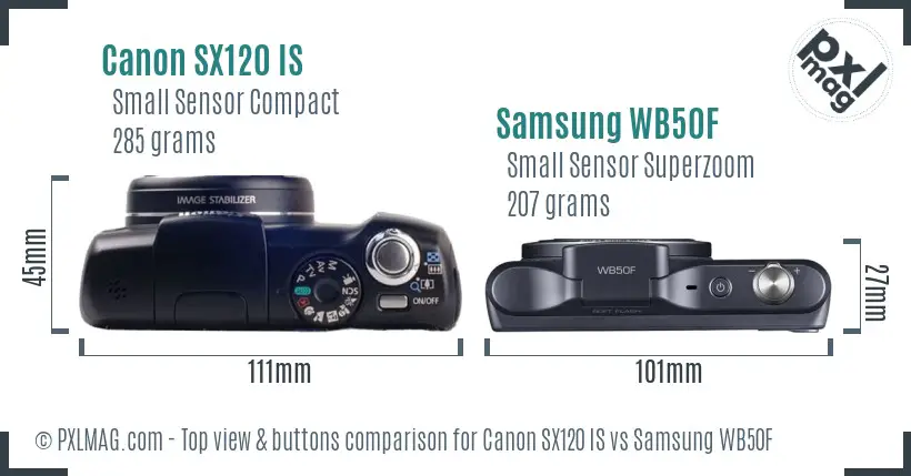 Canon SX120 IS vs Samsung WB50F top view buttons comparison
