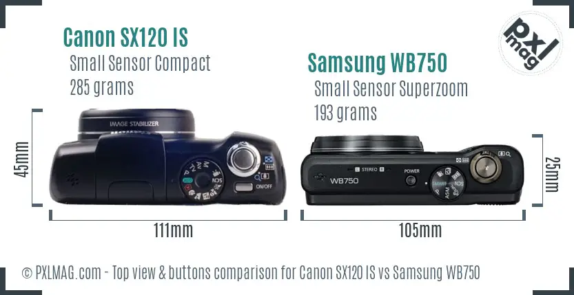 Canon SX120 IS vs Samsung WB750 top view buttons comparison