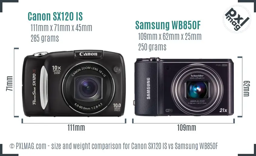 Canon SX120 IS vs Samsung WB850F size comparison