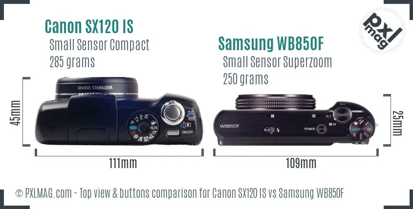 Canon SX120 IS vs Samsung WB850F top view buttons comparison