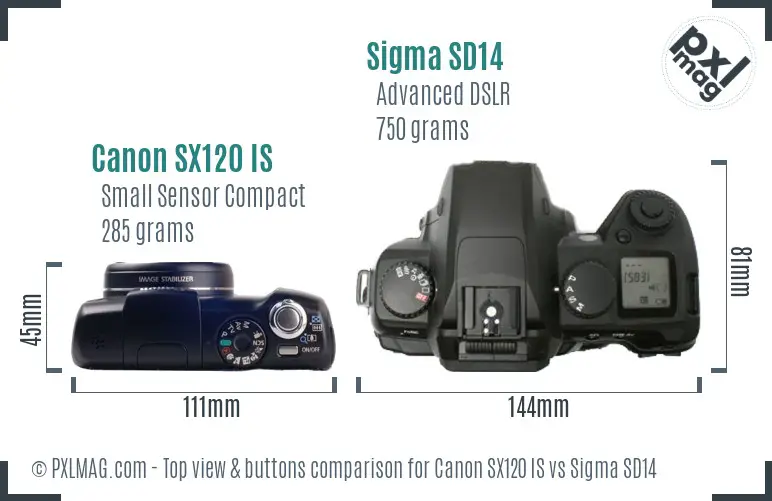 Canon SX120 IS vs Sigma SD14 top view buttons comparison