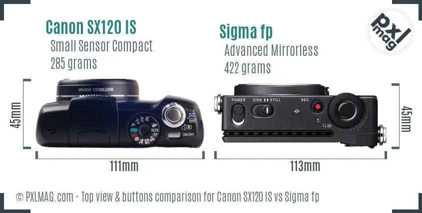 Canon SX120 IS vs Sigma fp top view buttons comparison