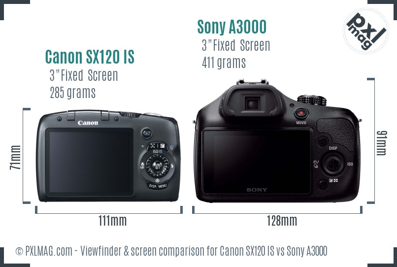 Canon SX120 IS vs Sony A3000 Screen and Viewfinder comparison