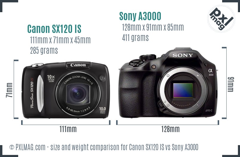 Canon SX120 IS vs Sony A3000 size comparison