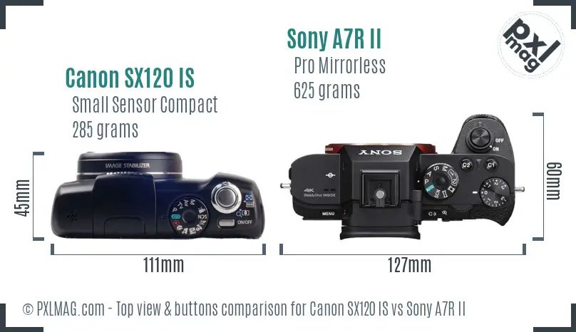 Canon SX120 IS vs Sony A7R II top view buttons comparison Canon SX120 IS vs Sony A7R II top view buttons comparison