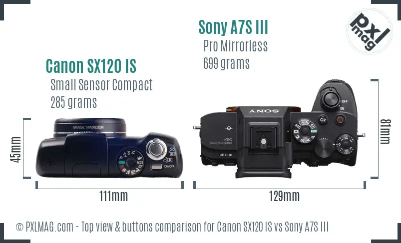 Canon SX120 IS vs Sony A7S III top view buttons comparison