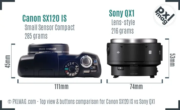 Canon SX120 IS vs Sony QX1 top view buttons comparison