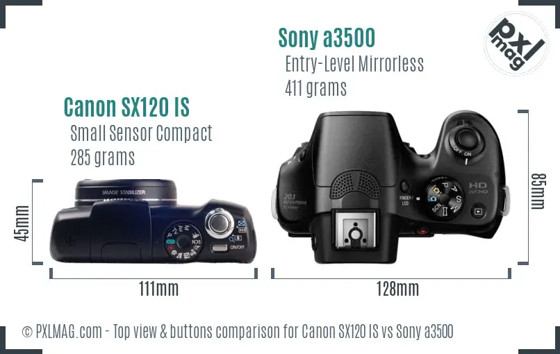 Canon SX120 IS vs Sony a3500 top view buttons comparison Canon SX120 IS vs Sony a3500 top view buttons comparison