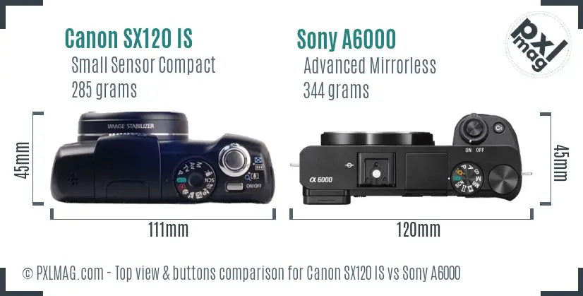 Canon SX120 IS vs Sony A6000 top view buttons comparison Canon SX120 IS vs Sony A6000 top view buttons comparison