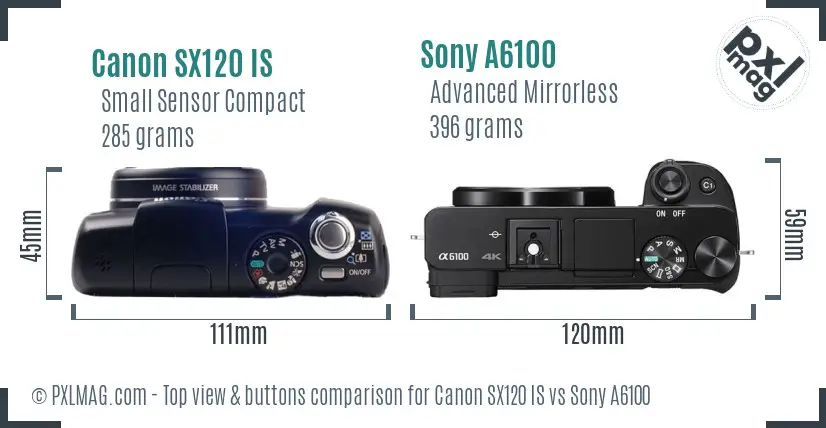 Canon SX120 IS vs Sony A6100 top view buttons comparison