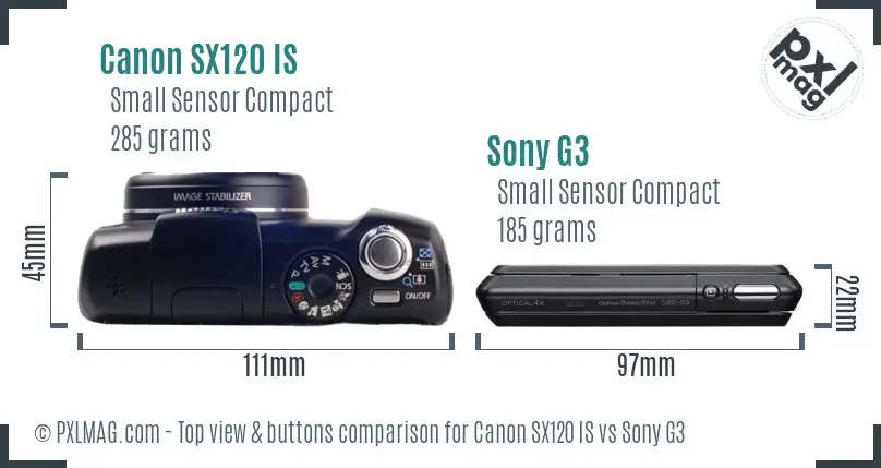 Canon SX120 IS vs Sony G3 top view buttons comparison