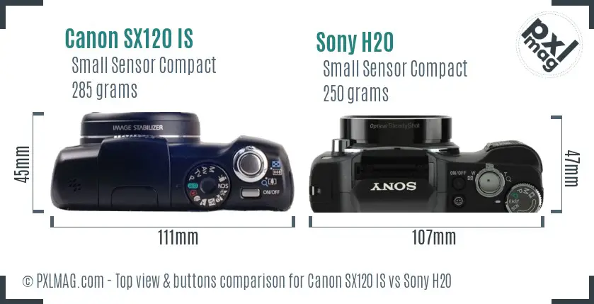 Canon SX120 IS vs Sony H20 top view buttons comparison Canon SX120 IS vs Sony H20 top view buttons comparison