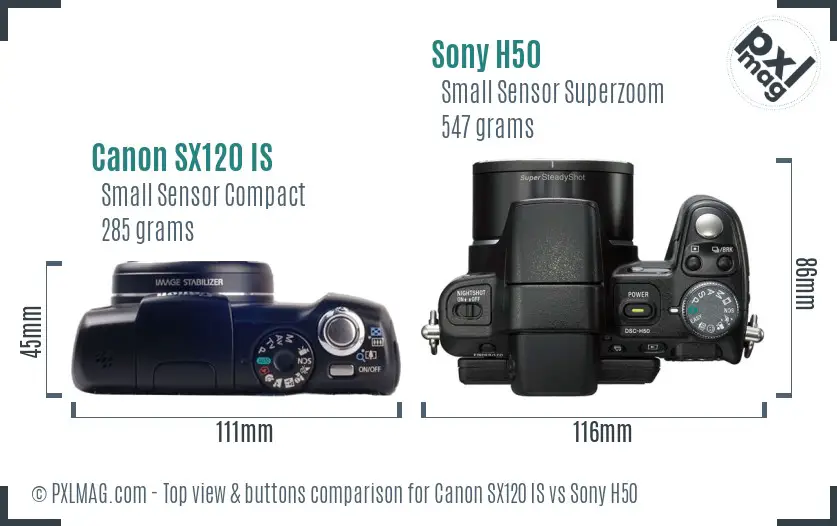 Canon SX120 IS vs Sony H50 top view buttons comparison