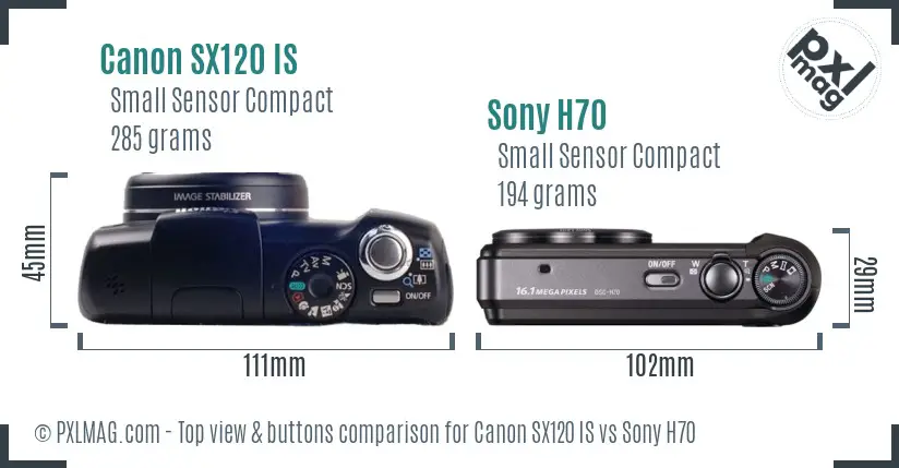 Canon SX120 IS vs Sony H70 top view buttons comparison