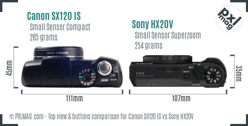 Canon SX120 IS vs Sony HX20V top view buttons comparison Canon SX120 IS vs Sony HX20V top view buttons comparison