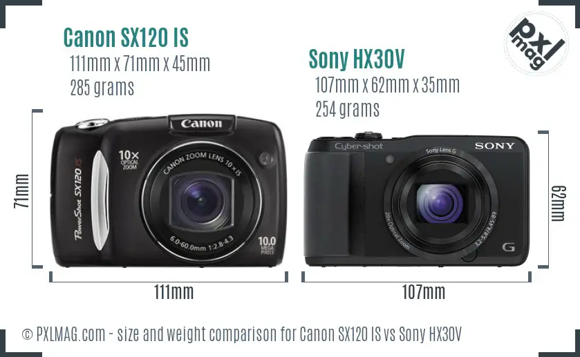 Canon SX120 IS vs Sony HX30V size comparison
