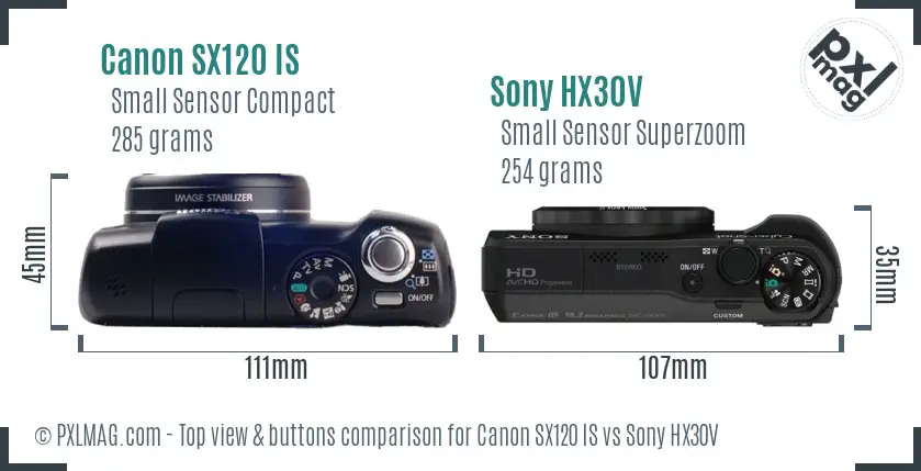 Canon SX120 IS vs Sony HX30V top view buttons comparison