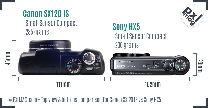 Canon SX120 IS vs Sony HX5 top view buttons comparison
