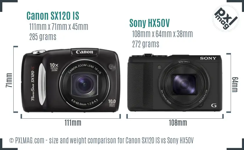Canon SX120 IS vs Sony HX50V size comparison