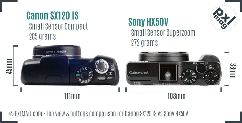 Canon SX120 IS vs Sony HX50V top view buttons comparison