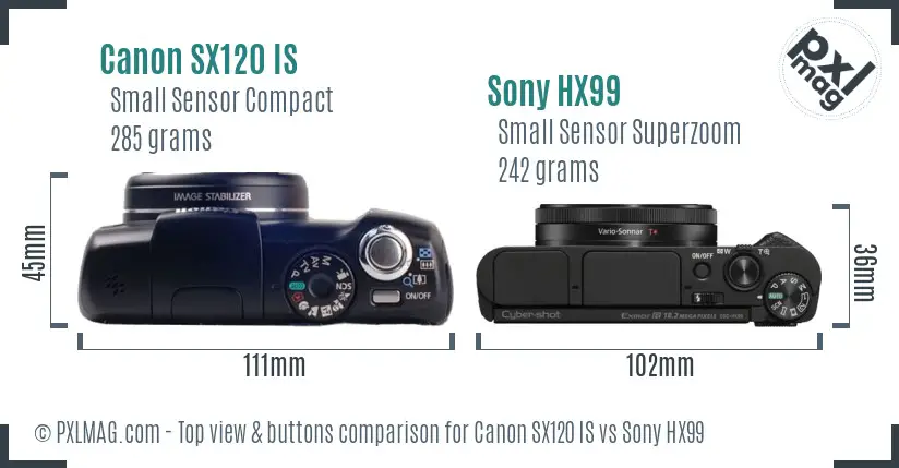 Canon SX120 IS vs Sony HX99 top view buttons comparison