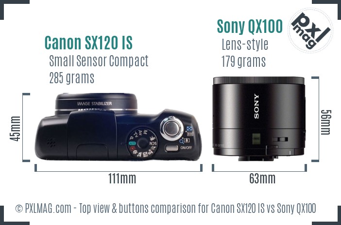 Canon SX120 IS vs Sony QX100 top view buttons comparison