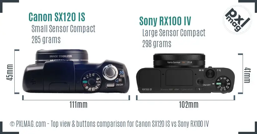 Canon SX120 IS vs Sony RX100 IV top view buttons comparison Canon SX120 IS vs Sony RX100 IV top view buttons comparison