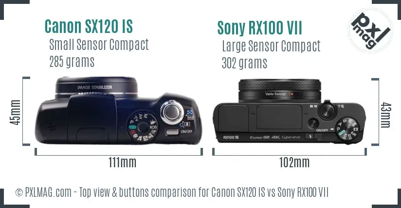 Canon SX120 IS vs Sony RX100 VII top view buttons comparison